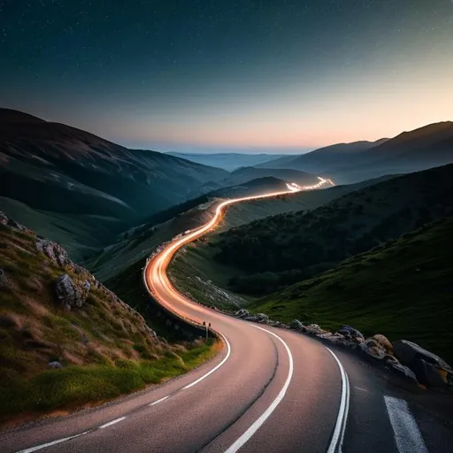 Prompt: winding road up a mountain, nighttime, dark, highly detailed moon, mountains in the background, mist and fog, long exposure rule of thirds, golden ratio, tonemapping, ultra high quality octane render, 4k, 3D Blender Render, hypermaximalist.