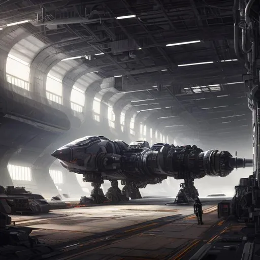 Prompt: Space outlaw in a dark ship hanger, space ship to the left of him, 8k, extreme detail, technology on the ground and walls