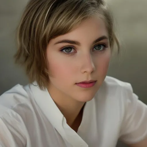 Prompt: portrait of a young girl, (short hair:1.2), messy hair, nice skin texture, vivid, wearing white blouse, radiant skin, beautiful face, line under eyes and lip, round eyes, dramatic lighting, photorealism, cinestill, portrait photography