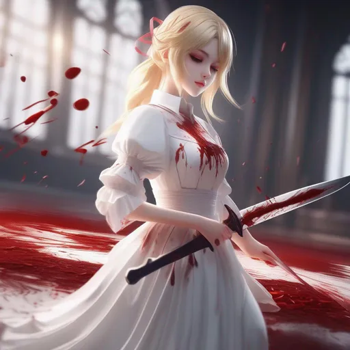 Prompt: 3d anime woman covered in blood angelic blonde hair and white dress with a knife and beautiful pretty art 4k full HD