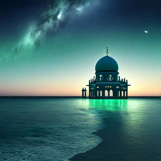 Prompt: Ocean surface as ground, a simple mosque on clouds in the sky, night sky with Crescent moon shining extremely bright in background, with blue-green color theme, 4k, 8k, HDR, Photorealistic