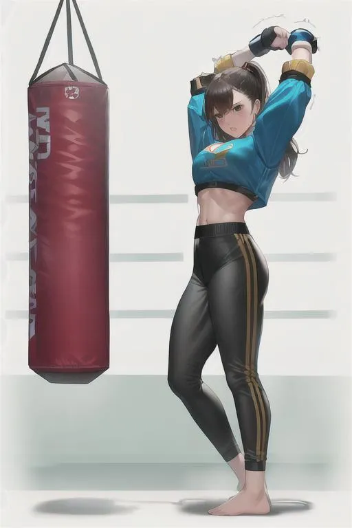 Prompt: Best quality, girl, (punching bag:1.2), master piece, punchingbag Beautiful tallgirl punching bag training muscle kicking punching sandbag High high quality 