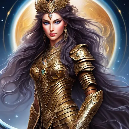 Prompt: Gorgeous fantasy style painting of a warrior princess with braided long, flowing hair shimmering in hues of gold and silver with brilliant blue eyes. Wearing armor adorned with gemstones and carrying a sword.