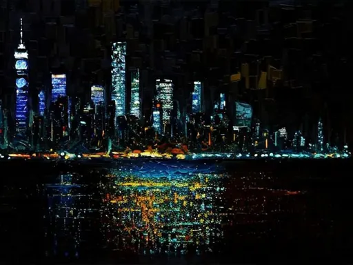 Prompt: Thick oil impasto York Skyline from 42nd Street Pier, thick oil impasto