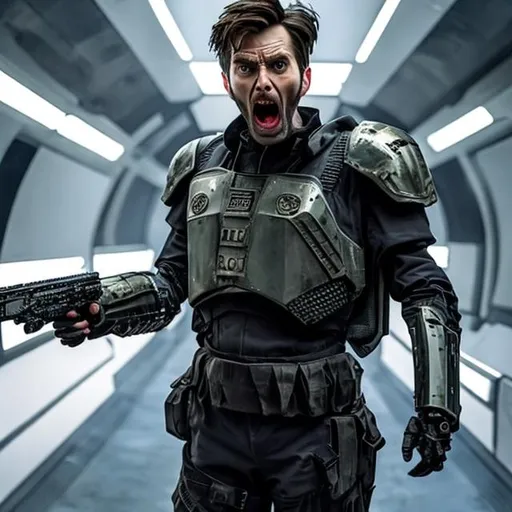 Prompt: A 28 year old David Tennant shouting angrily wearing an armored futuristic scifi military uniform and holding an advanced exotic shotgun in full color