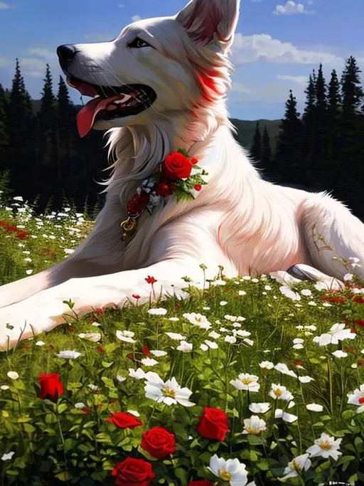 Prompt: Mosaic Art, White dog Border Collie, Forest in The Background ,White/Red Flower and Roses in the Bottom , 108k , Very Detailed , High Quality