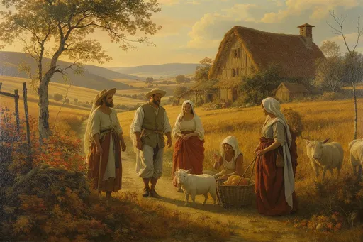 Prompt: peasant family in the Middle Ages, a small farm in the background, historical details from the 15th century, vibrant oil painting style, warm earthy tones, soft morning light illuminating the scene, rustic and authentic ambiance, textured brush strokes creating a sense of depth, rich details in clothing and farm life, serene and nostalgic atmosphere, ultra-detailed, exquisite craftsmanship, evocative of medieval life.