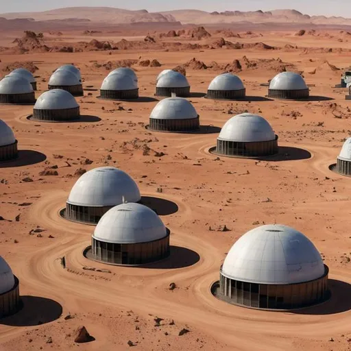 Prompt: The Martian colony of 2100 is a testament to human ingenuity and resilience in the face of extraordinary challenges. The colony's infrastructure has expanded significantly, with multiple domed structures dotting the Martian landscape  showing wind turbines and solar energy. These domes serve as habitable zones, shielding the inhabitants from the harsh conditions of the Martian environment, including extreme temperatures, low atmospheric pressure, and radiation showing wind turbines and solar energy. 