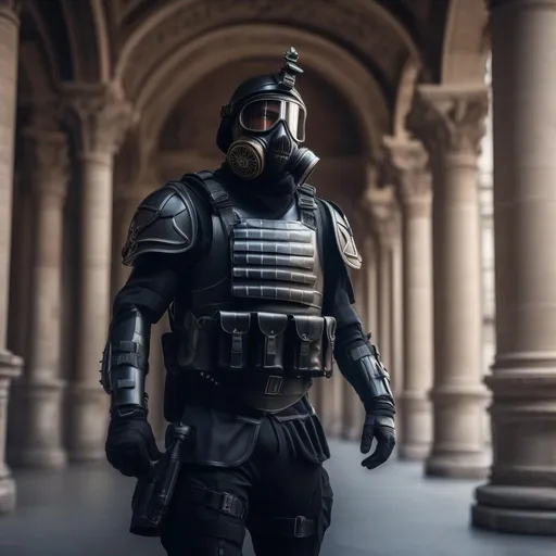 Prompt: A modern roman military male in black military armor, and gas mask, background Paris in war, Hyperrealistic, sharp focus, Professional, UHD, HDR, 8K, Render, electronic, dramatic, vivid, pressure, stress, nervous vibe, loud, tension, traumatic, dark, cataclysmic, violent, fighting, Epic