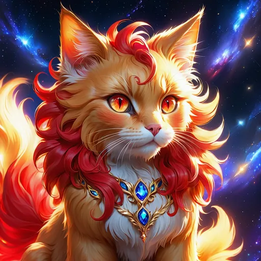 Prompt: hero cat with {shiny golden fur} and {ruby red eyes}, senior female cat, fire element, flame, Erin Hunter, gorgeous anime portrait, beautiful cartoon, 2d cartoon, beautiful 8k eyes, elegant {red fur}, glossy sheen fur, pronounced scar on chest, fine oil painting, modest, gazing at viewer, beaming red eyes, glistening red fur, low angle view, zoomed out view of character, 64k, hyper detailed, expressive, timid, graceful, beautiful, expansive silky mane, deep starry sky, golden ratio, precise, perfect proportions, vibrant, standing majestically on a tall crystal stone, hyper detailed, complementary colors, UHD, HDR, top quality artwork, beautiful detailed background, unreal 5, artstaion, deviantart, instagram, professional, masterpiece