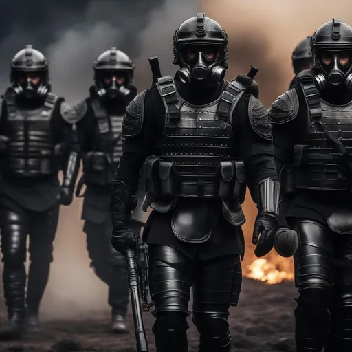 Prompt: Several modern roman military male in black military roman armor, and gas mask, background dark battle, last days in earth, Hyperrealistic, sharp focus, Professional, UHD, HDR, 8K, Render, electronic, dramatic, vivid, pressure, stress, traumatic, dark.