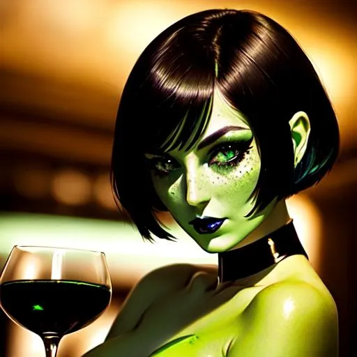Prompt: A beautiful emerald skinned young orion extraterrestrial alien lady from star trek with short black hair and green skin, black lips, green face, black fingernails, green body, freckles, green hands, green fingers, green arms, green shoulders, freen bosom, green neck, drinking in the bar, black dress, drunk face, calm face, naughty eyes and mouth, 8k, highres, realistic body , highly detailed face, full body, beautiful detailed, cinematic lighting, by wlop, (by Mandy Jurgens ),  trending on artstation, dark background 