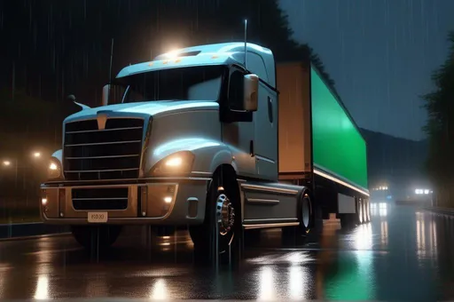 Prompt: Relaxing Truck Driving At Night in heavy rain, ,Hyperrealistic, sharp focus, Professional, UHD, HDR, 8K, Render, 