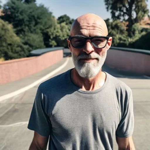 Prompt: Handsome bald man with grey beard and dark glasses riding a skateboard
