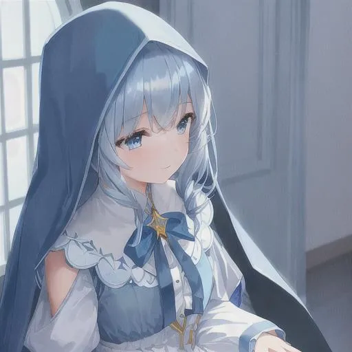 Prompt: a girl wearing a light blue dress with a  blue dragging cape walking down a fancy hall with shining moon through the window smirking,light back hair and front  light blue bangs with blue eyes(((masterpiece))) (((beautiful))) (((4k))) (((high detail))) sitting on gold