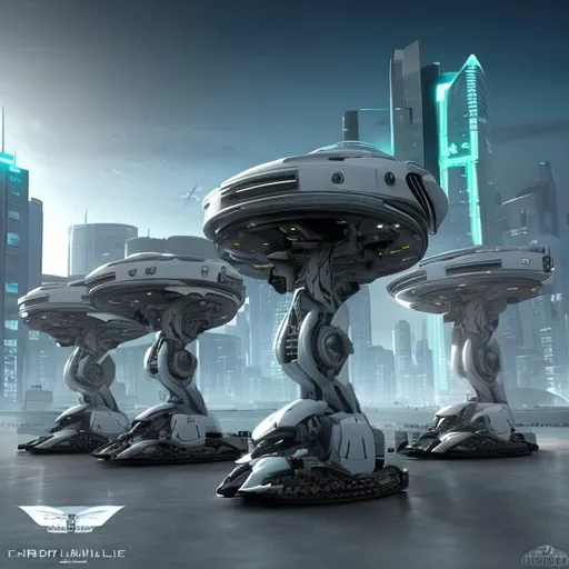 Prompt: Futuristic buildings and flying cars with Robotic Soldiers
