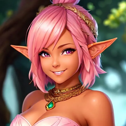 Prompt: oil painting, D&D fantasy, tanned-skinned-gnome girl, tanned-skinned-female, short, beautiful, short bright pink hair, twists cut hair, smiling, pointed ears, looking at the viewer, Wizard wearing intricate wizard outfit, #3238, UHD, hd , 8k eyes, detailed face, big anime dreamy eyes, 8k eyes, intricate details, insanely detailed, masterpiece, cinematic lighting, 8k, complementary colors, golden ratio, octane render, volumetric lighting, unreal 5, artwork, concept art, cover, top model, light on hair colorful glamourous hyperdetailed medieval city background, intricate hyperdetailed breathtaking colorful glamorous scenic view landscape, ultra-fine details, hyper-focused, deep colors, dramatic lighting, ambient lighting god rays, flowers, garden | by sakimi chan, artgerm, wlop, pixiv, tumblr, instagram, deviantart