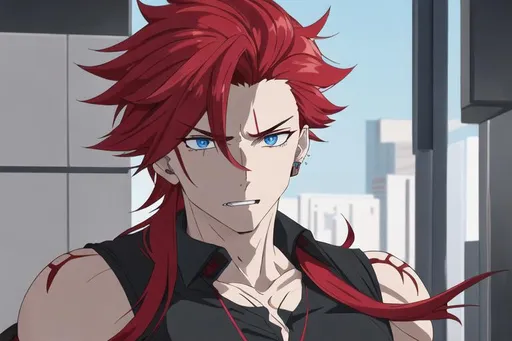 Prompt: Zerif 1male (Red side-swept hair falling between the eyes, sharp and sassy blue eyes), casual outfit,  Black piercings, highly detailed face, 8K, Insane detail, best quality, UHD, handsome, flirty, muscular, Highly detailed, insane detail, high quality. 