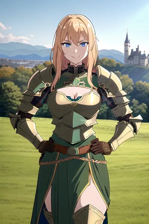 Prompt: Female Human, Copper-Blonde Hair, Blue eyes, small bust, heavy intricate Armour, intricate armored kilt, dark green clothes, brown boots, smiling, portrait, small cleavage, face lit by light, standing on a hill with a castle in the background, hands on hips.