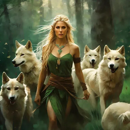 Prompt: beautiful female nordic elven druid with green eyes and elvish pointy ears leading a small pack of brown wolves, charging into battle, long blonde braided hair, necklace, wind, forest, grass, summer, looking into camera,

dramatic lighting, dark atmosphere, textured Speedpaint, masterpiece, ((rough brush strokes)), (paint splatter on background), (by Jeremy Mann), by Ismail Inceoglu, oil on canvas, intense gaze, professional, atmospheric lighting, textured, highres, masterpiece, cinematic, oil painting, trending artwork, particles, dramatic