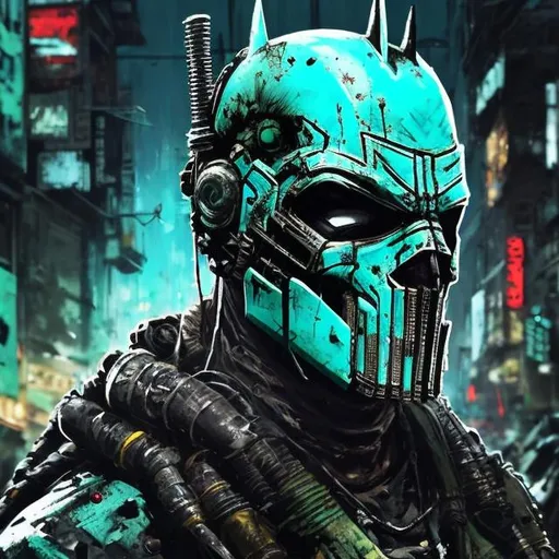 Prompt: Oily, turquoise. Imperfect, Gritty, Todd McFarlane style futuristic army-trained villain batman punisher spawn. full face mask. Bloody. Hurt. Damaged. Accurate. realistic. evil eyes. Slow exposure. Detailed. Dirty. Dark and gritty. Post-apocalyptic Neo Tokyo .Futuristic. Shadows. Sinister. Armed. Fanatic. Intense. 