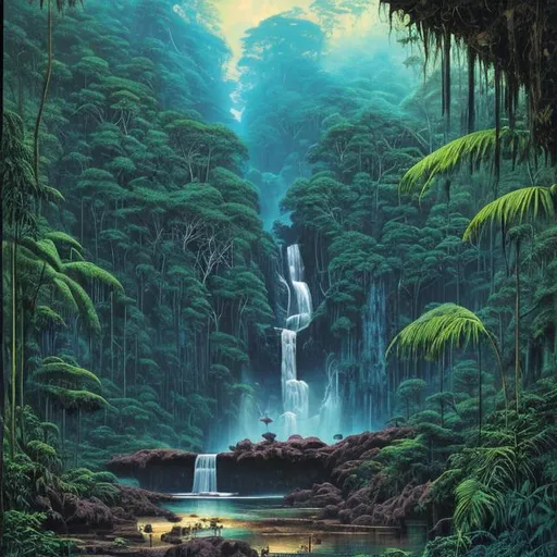 Prompt: Landscape painting, lush and dark jungle, a huge waterfall with rocky bed, dull colors, danger, fantasy art, by Hiro Isono, by Luigi Spano, by John Stephens