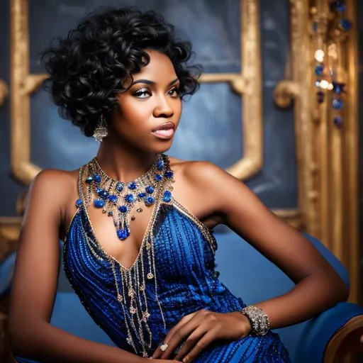 Prompt: Black woman flapper in blue dress elegant and beautiful with curly black hair bejeweled in sapphires 