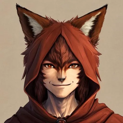 Prompt: A humanoid fox creature with dark red fur, deep brown eyes and a human face but fox ears. He is looking to the viewer with a very trusting smile. He is wearing a brown cloak made out of a thin fabric