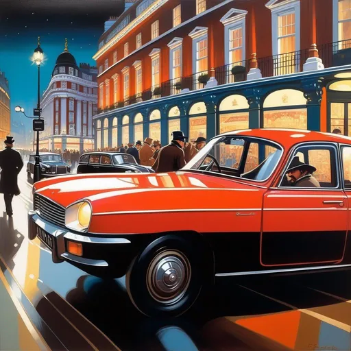 Prompt: 1970s, London at night, Picadilly Circus, car chase, warm atmosphere, cartoony style, extremely detailed painting by Greg Rutkowski and by Henry Justice Ford and by Steve Henderson