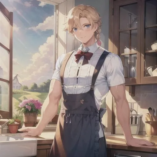 Prompt: (masterpiece, illustration, best quality:1.2), perfect eyes, feminine male, apron, human, farmer's tan, soft smile, kind eyes, sunlight pouring through the kitchen window, kitchen, butterfly broach,  muscular male, Motherly Side Plait