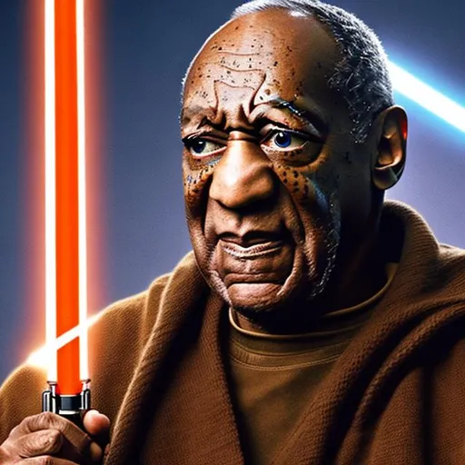 Prompt: bill cosby as a Jedi with a brown light saber