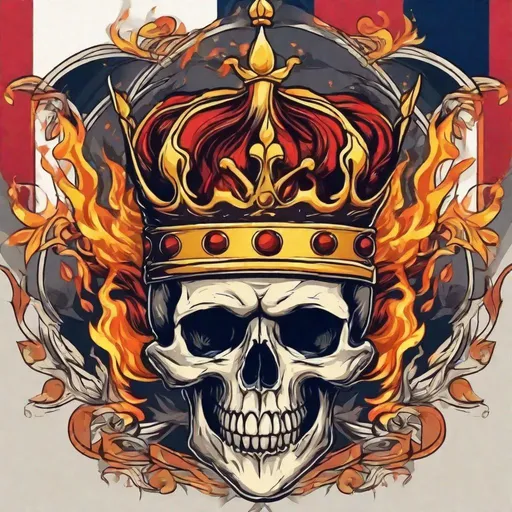 Prompt: Flaming skull wearing a crown, anime style, flag