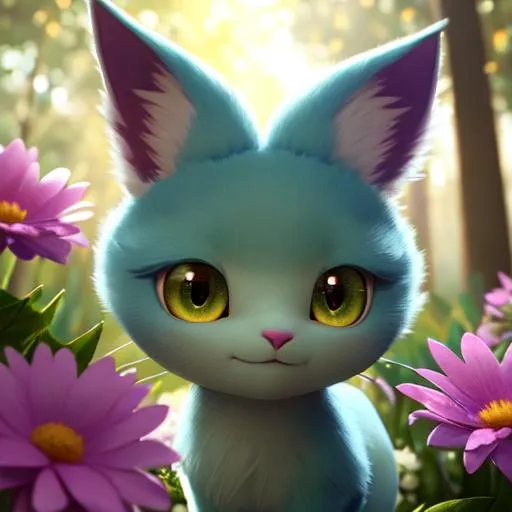 Prompt: Disney Pixar style Espeon Pokemon, highly detailed, fluffy, intricate, big eyes, adorable, beautiful, soft dramatic lighting, light shafts, radiant, ultra high quality octane render, daytime forest background, field of flowers, bokeh, hypermaximalist