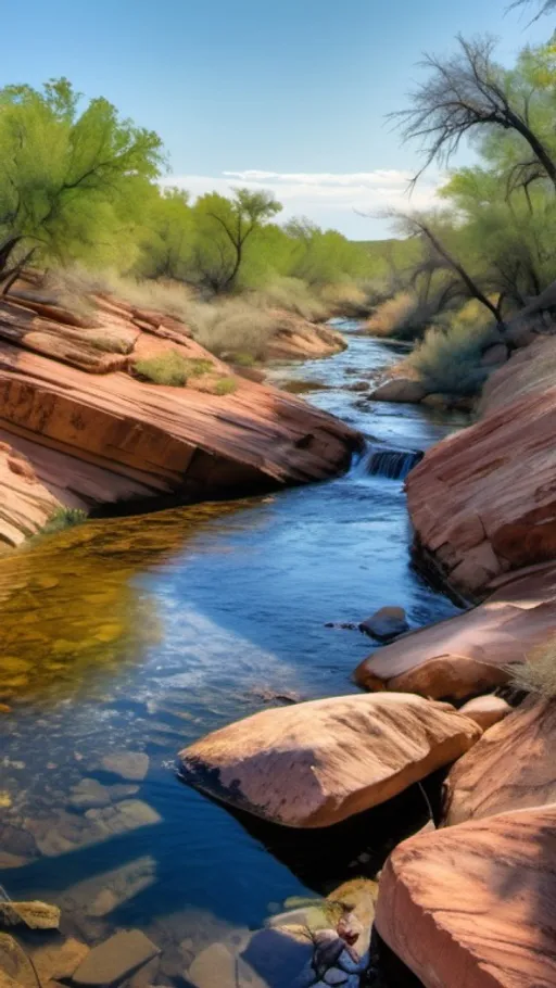 Prompt: create a hyper detailed, color pencil drawing, hyper detailed, UHD, HDR, 128K, standing on a rock portrait of a woman in  in a semi-arid landscape portrait drawing in the style of Norman Rockwell, Steve Hanks, and Michael James Smith, portrait of woman, standing on a rock.  The woman forged by the harsh sands of a dystopian future with individuals scavenging the deserts is a resilient woman navigating the desolate landscape among a shallow and wide and rock gully with cracked stone and rock pebbles.  Along the gully are ledges of rock overhanging over the edges of the gully and it is trimmed with mostly dry but an occasionally green brush, grass and tumble weed or other forest fauna including vines. in the middle of the gully there are falls of water still left from the last deluge that reflect the blue sky. a Texas Jackrabbit is brave enough to wander out to test the water. The rest of the scene is an serene scene with lush brush and grass. There is a blue sky with swirling cumulus clouds. There are low hills in the far distance that are faded and blue and some trees can be seen in the distance. There is ponding water that reflects the sky., 3d render, painting, photo, cinematic, poster