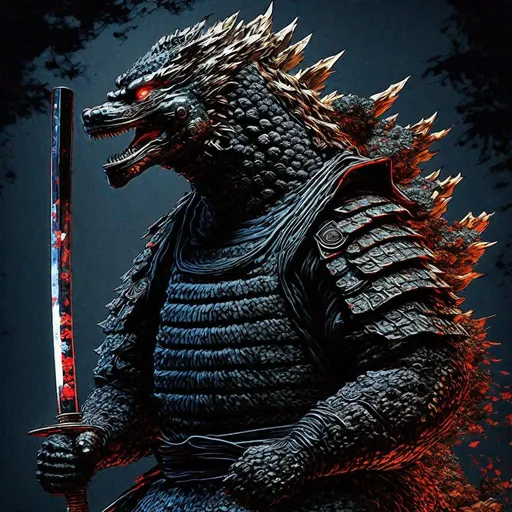 Prompt: "Godzilla dressed as a samurai By Yoshitaka Amano :: Full body portrait :: 8k resolution Splash art portrait :: Volumetric lighting :: Incredible Depth :: High Contrast :: Ukiyo-e ::"