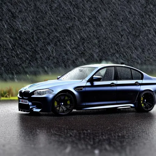 Prompt: BMW m5 black in open sky fast motion blur thunderstorm realistic wet roads rain drift detailed