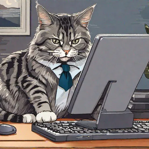 Prompt: A angry gray tabby cat typing aggressively at a keyboard