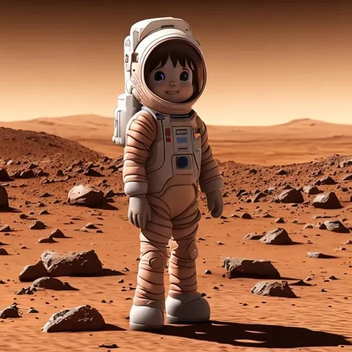 Prompt: little girl alone on Mars with a teddy bear in her hand