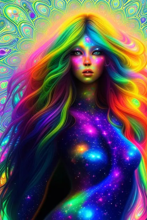 Prompt: Cosmic Beautiful {women}, hyper realistic, 4K expansive psychedelic background --s99500