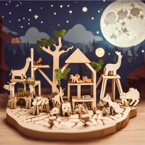 Prompt: Tiny wooden zoo at night, the moon, animals 