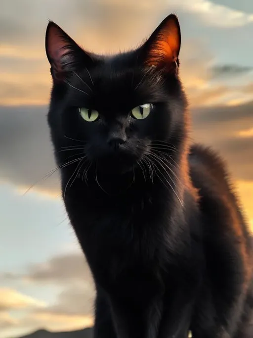 Prompt: Angry black cat at the moment of sunsets top on hills look like ultra real