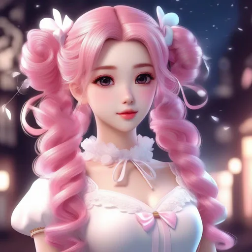 3d anime woman pink long curly pigtails hair and whi...
