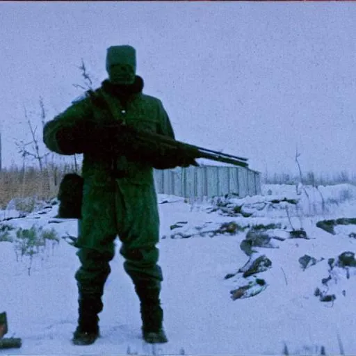 Prompt: faceless solider in cold war gulag armed with a rifle with dead soliders around  