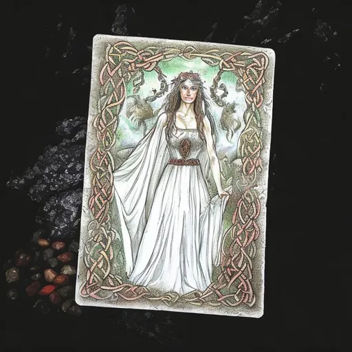 Prompt: celtic pagan goddess: Bridgid. Fire, herbal healing, water well, woman. red