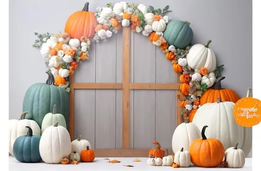 Prompt: I'm seeking a backdrop with a pumpkin theme for children. The window and doors in white colour with colourfull flower