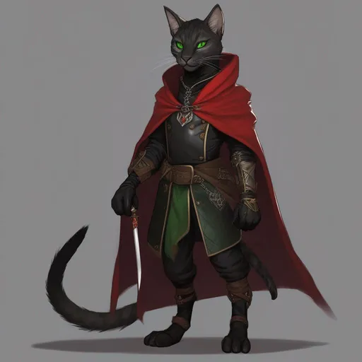 Prompt: DND a black male tabaxi with green eyes wearing black leather armor with a red cloak