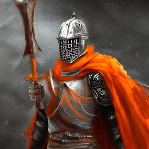 Prompt: A formidable knight with orange eyes standing