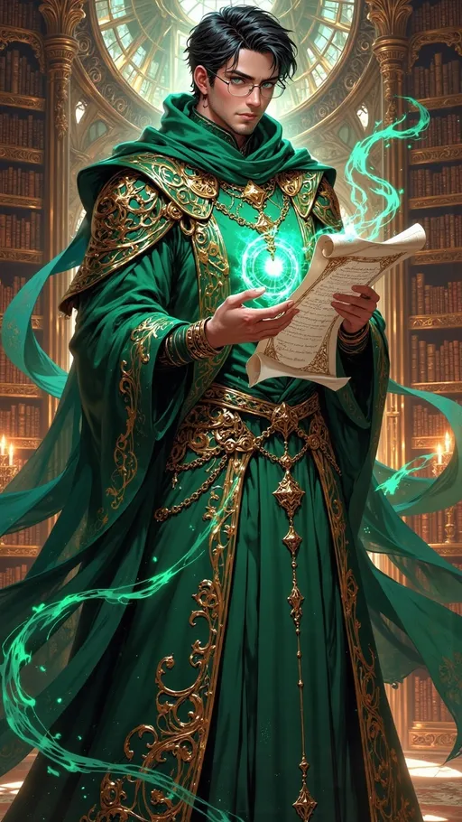 Prompt: ((tall masculine adult man)) as a ((magical spell caster)) with ((short black hair)), green eyes, ((facial stubble)), ((glasses)), dressed in ornate entirely green layered textured spell caster gear, left hand holding ((magic ancient scroll)). 

sunny skies, high contrast lighting, ((wide length camera)), long distance , long shot, left side angle, wide depth of field. film grain, film textures. 

Overall feeling of catastrophe. The background is a high detailed library. magic aura