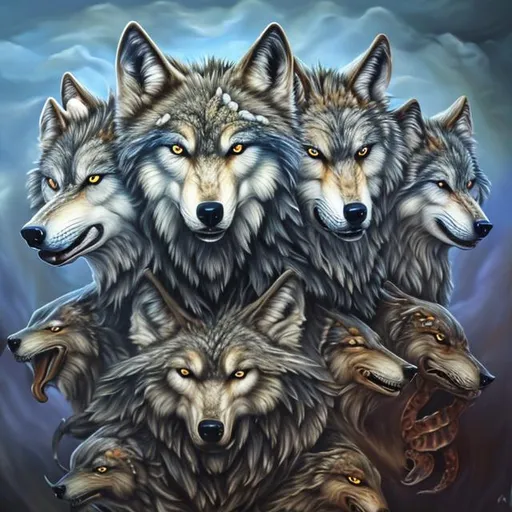 Prompt: (realistic photo, professional photo, oil painting) wolf with 4 heads and tails