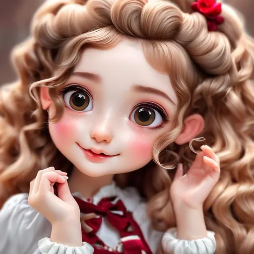 Prompt: an aldult with Pigtails soft brown wavy hair, soft brown eyes with red untertone, digital art, 64k